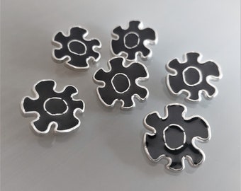6 flower buttons 23 mm silver colored metal and black enamel