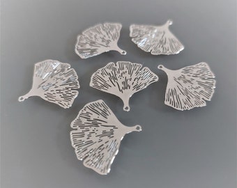 6 pendentifs feuilles de Gingko 22 mm métal coloris argent