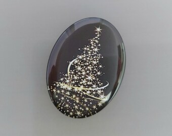 Ovale glazen cabochon 40 mm X 30 mm verlicht dennenboommotief