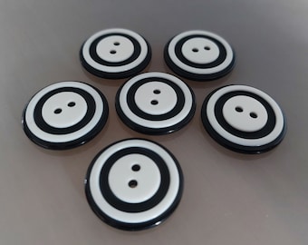 6 boutons ronds 25mm plastique noir et blanc