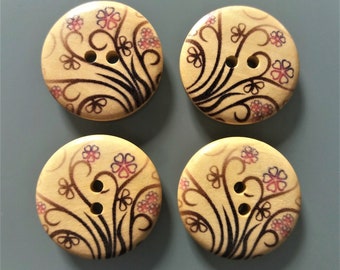 4 große 3 cm große Holzknöpfe mit bunten Blumen und Arabesken bedruckt