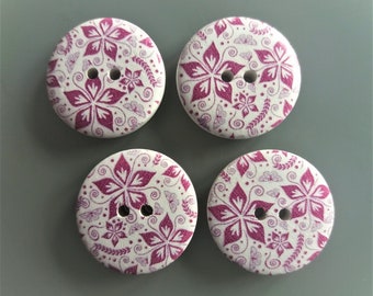 4 gros boutons bois 3 cm imprimés fleurs roses