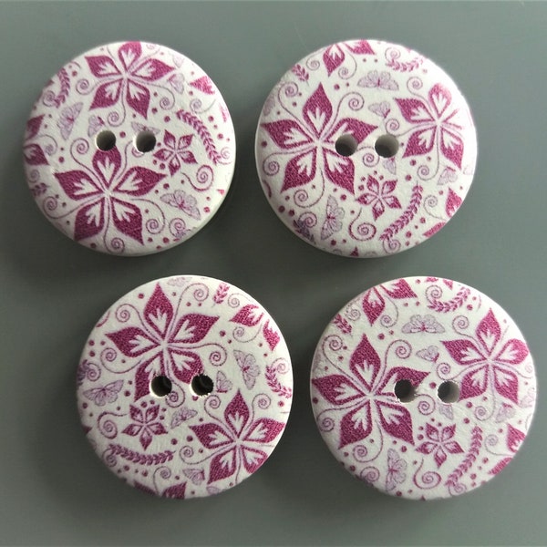 4 large wood buttons 3 cm printed pink flowers