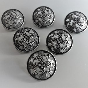 Lot De 6 Gros Boutons Vintage Noir Argenté Texturés - 2,6/2,7 Cm - Référence 5595