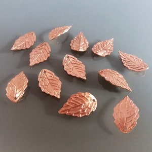 May include: Twelve copper leaf charms with a textured surface. The leaves are approximately 2.5 cm long and have a hole at the top for hanging.