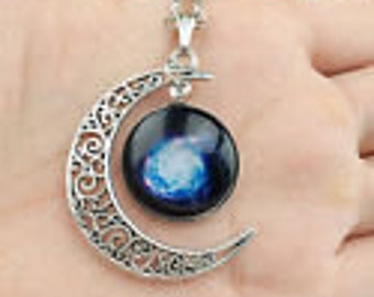milky way spiral galaxy nebulae blue navy black glass cabochon necklace MOON filigree crescent silver chain space 2018 New Year inspiration!