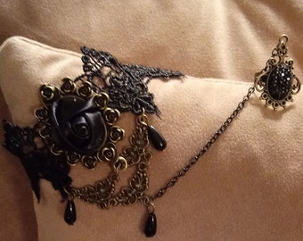 Bracelet Ring Lace Druzy Gold Gothic Bridal Black satin rose Steampunk Cosplay Crochet Adjustable harness sleeve Victorian bead chain