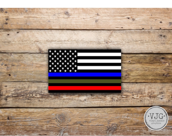 Police Military and Fire Thin Line USA Flag Decal American Flag Sticker Blue Green and Red stripe  honor and support Various Sizes