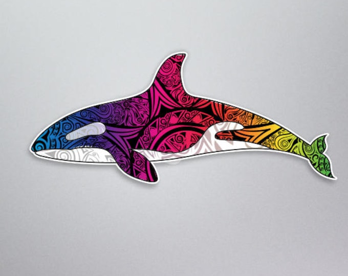 Orca Whale Decal Vinyl Sticker Killer whale tribal tie dye rainbow colored for car truck window laptop computers bumper sticker 7"