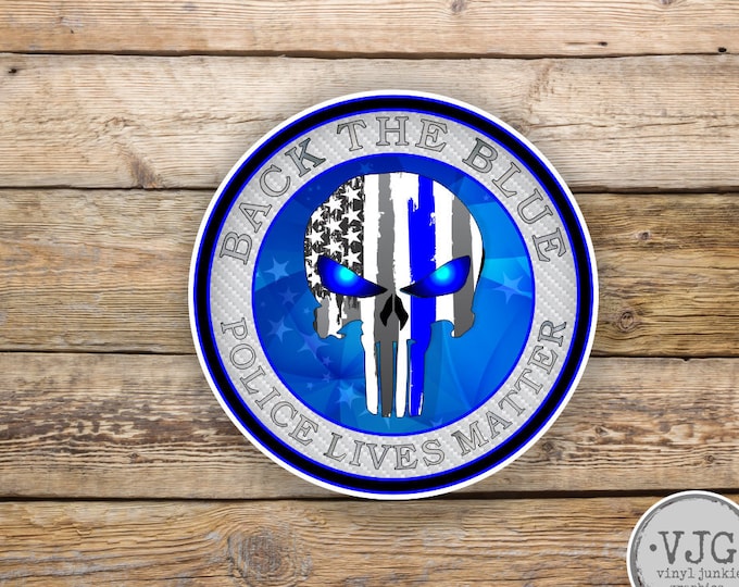 Back the Blue Line Punisher American Flag Sticker for cars trucks for honor and support of our officers Vinyl Window Bumper Decal 4 inch