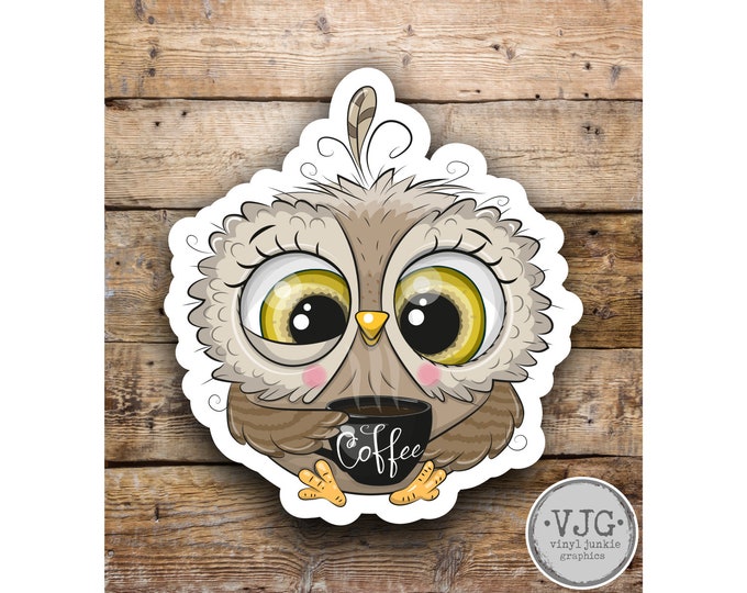 Owl w Coffee Sticker Decal for Laptops Car Windows Trucks any smooth surface