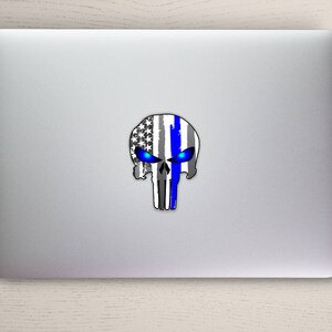 Punisher Skull Police Blue Line US Flag Vinyl Decal American Flag Window Sticker for honor and support of our officers back the blue 5 tall image 2