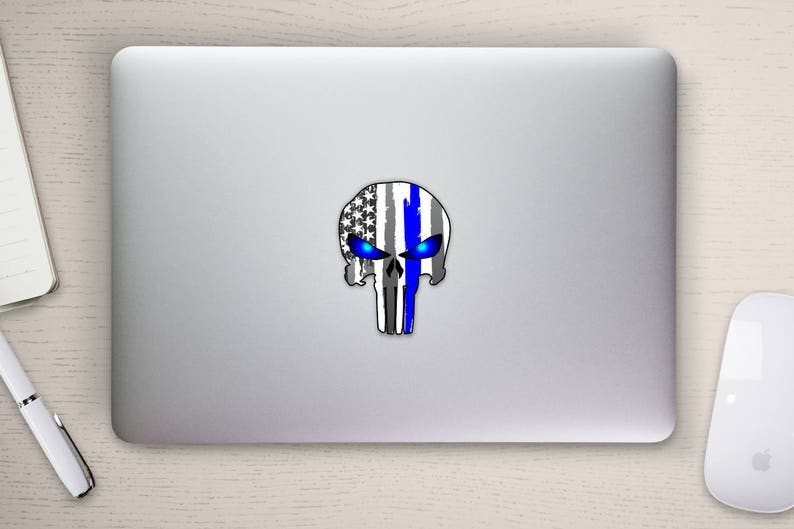 Punisher Skull Police Blue Line US Flag Vinyl Decal American Flag Window Sticker for honor and support of our officers back the blue 5 tall image 2