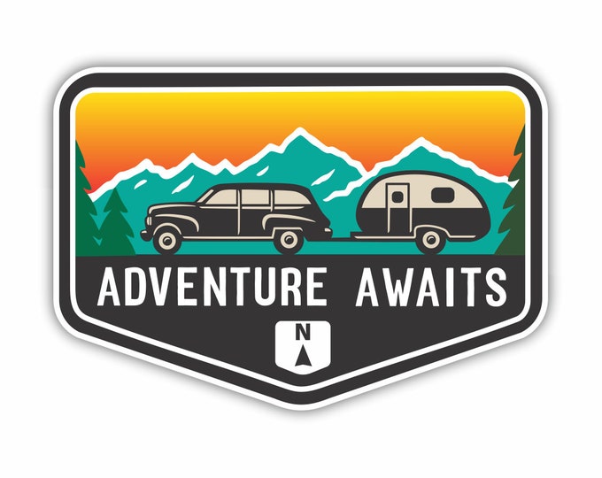 Adventure Awaits RV Camper Mountain Car Vinyl Sticker Decal Bumper Sticker for Auto Cars Trucks Windshield Windows Ipad Macbook Laptop