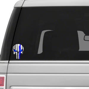 Punisher Skull Police Blue Line US Flag Vinyl Decal American Flag Window Sticker for honor and support of our officers back the blue 5 tall image 3