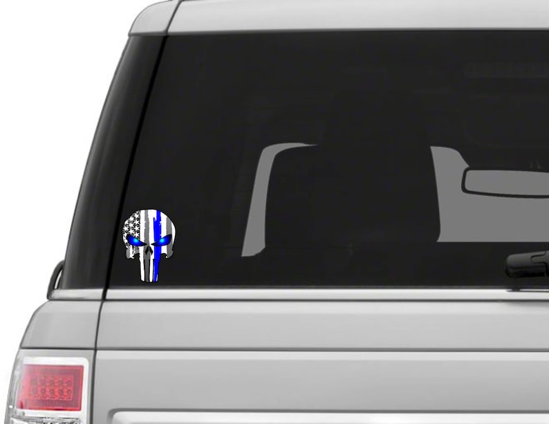 Punisher Skull Police Blue Line US Flag Vinyl Decal American Flag Window Sticker for honor and support of our officers back the blue 5 tall image 3