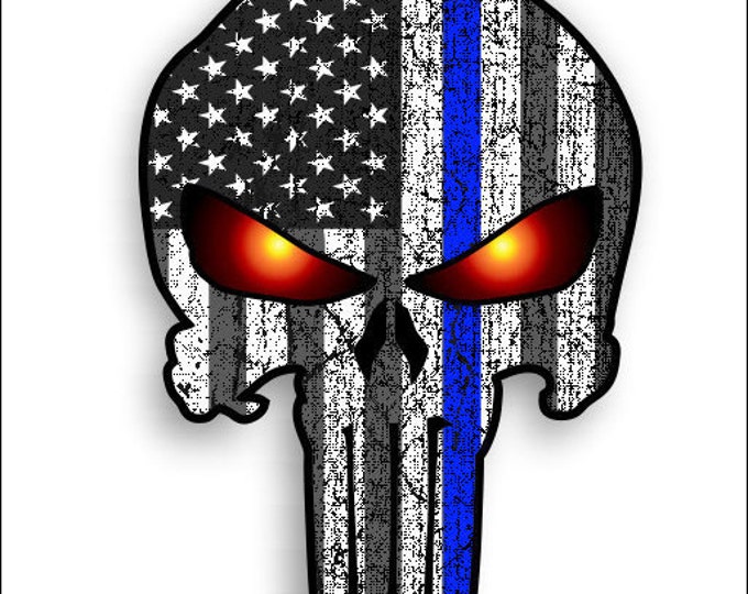 Thin Blue line Punisher Skull with  American Flag and Glowing Eyes sticker / decal police support **Free Shipping** yeti rtic tumblers