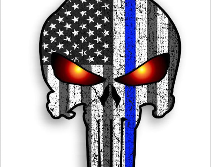 Thin Blue line Punisher Skull with  American Flag and Glowing Eyes sticker / decal police support **Free Shipping** yeti rtic tumblers