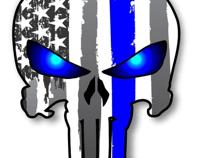 Punisher Skull Police Blue Line US Flag Vinyl Decal American Flag Window Sticker for honor and support of our officers back the blue 5" tall