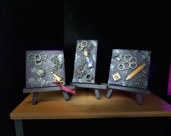 Triptych Mini Paintings: Deep Purple Fusion with Industrial Flair - 3"x3" Original Art Set