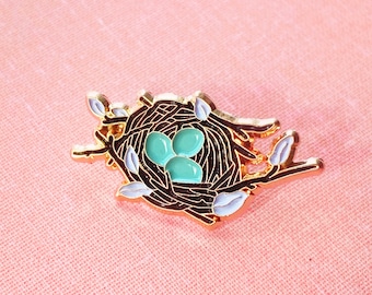 Robin Nest- Soft Enamel Lapel Pin, Bird Collectible Art Jewelry