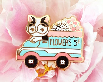 Cat Flower Truck Gold Hard Enamel Pin- Standard A Grade