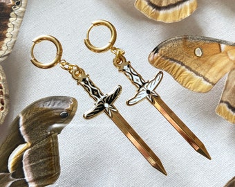 Huggie Hoop Moth Sword Earrings- Single- 14k Gold Plated Hoop