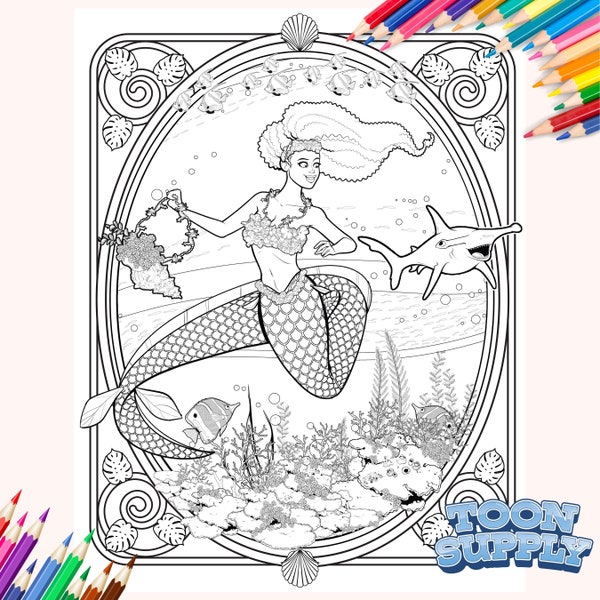 Mermaid and Shark Coloring Page - Etsy