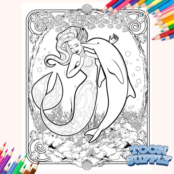 Mermaid and Dolphin Coloring Page Etsy