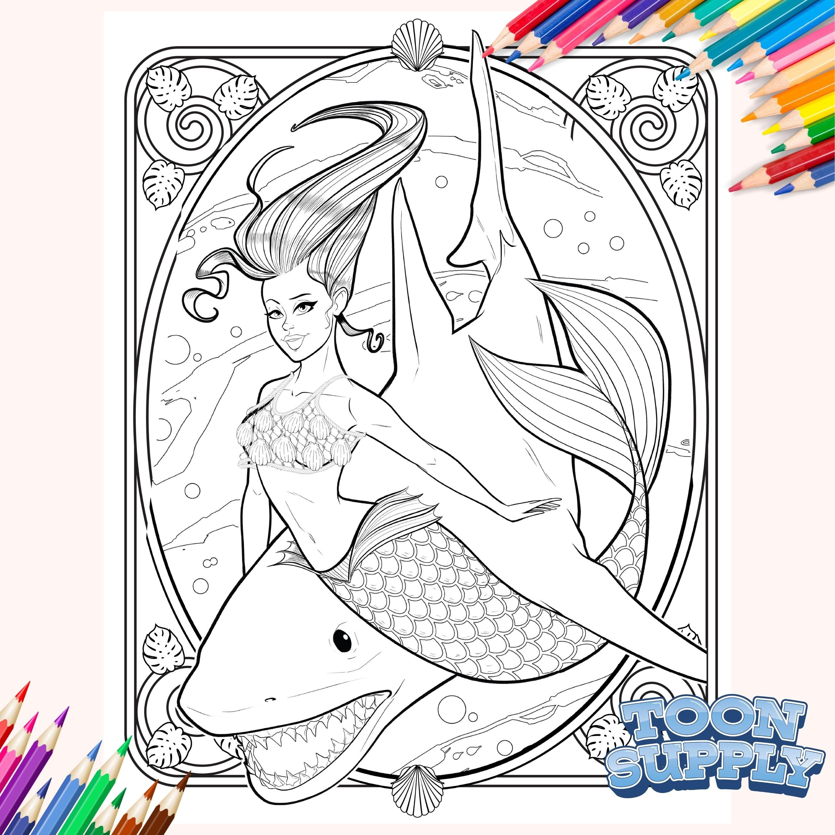 Mermaid and Shark Coloring Page - Etsy