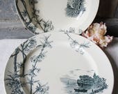 Pair ironstone serving platter blue transferware ironstone Creil Montereau French antique Shabby Chic serving disher white romantic 1880