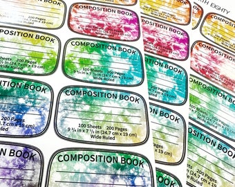 Composition Book Vinyl Decals, Notebook Decal, Decal Sheet, Sticker Sheet, Notebook Sticker, Sticker, Bright Rainbow Decals, Tie Dye Decals