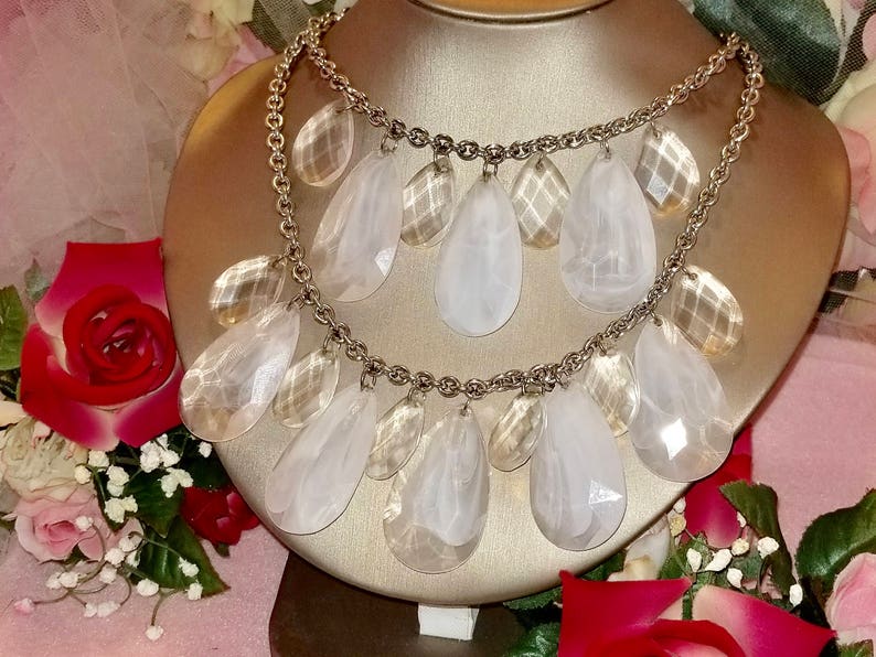 Graziano Frosted Marble Teardrop Lucite Plastic Dangles Chunky Bib Necklace Gorgeous R Vintage Retro 1990/'s J