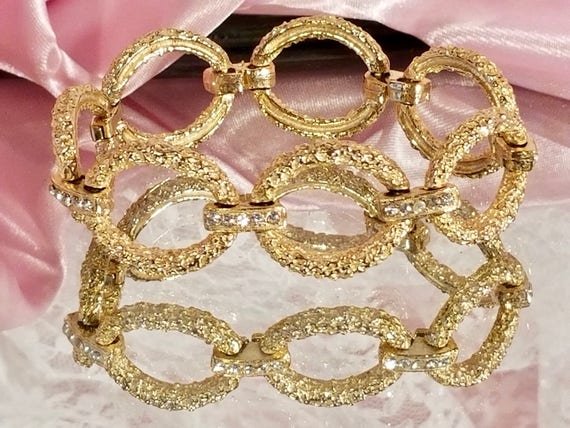 Dainty Rhinestone & Gold Tone Foil Design Oval Lin
