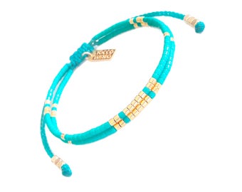 Beaded Turquoise Bracelet, Turquoise Seed Bead Bracelet with Gold Beads, Boho, Chic, Layering bracelet, Adjustable cord bracelet, Colorful