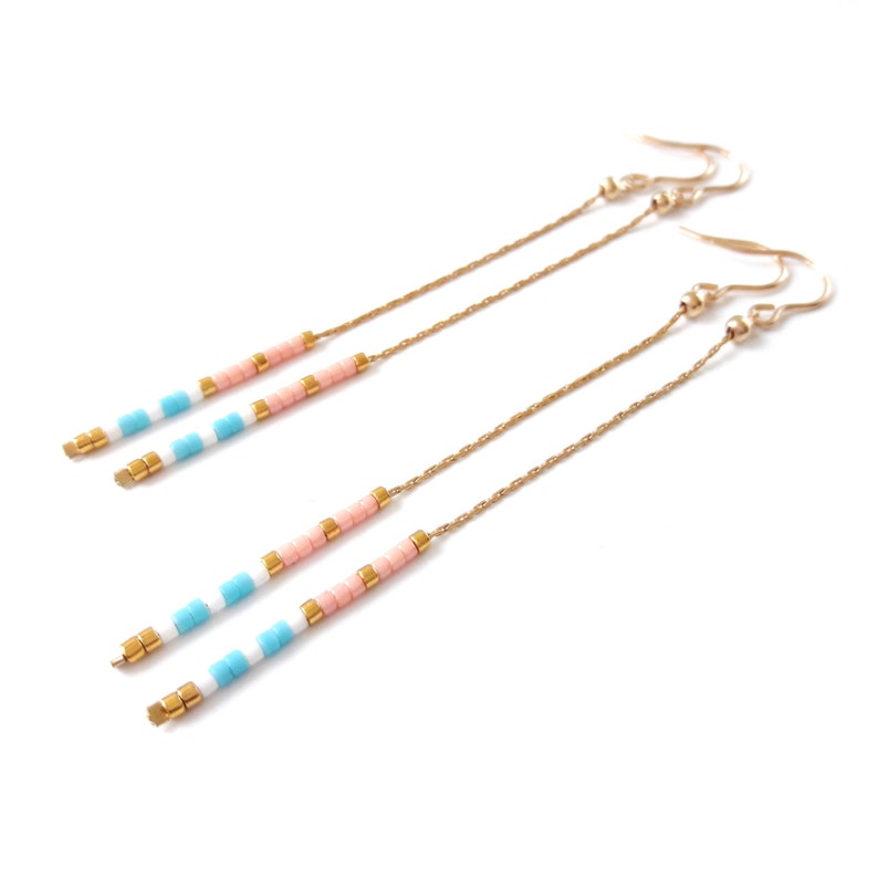 Long Drop Earrings Dangle Earrings, Beaded Earrings, Boho Earrings, Delica Bead Earrings Turquoise Pink Coral Earrings Simple Chain Earrings image 1