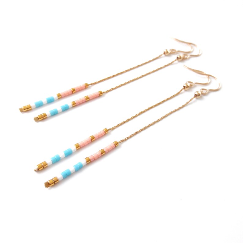 Long Drop Earrings Dangle Earrings, Beaded Earrings, Boho Earrings, Delica Bead Earrings Turquoise Pink Coral Earrings Simple Chain Earrings image 2