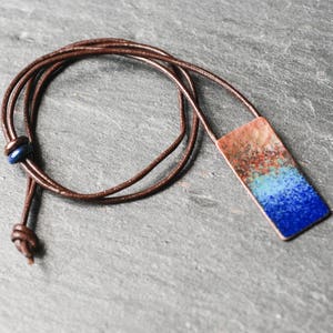 Copper and blue enamel boho beach rectangular pendant