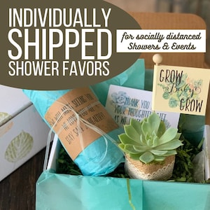 May include: A white box with a blue and green tissue paper lining. The box contains a small potted succulent plant, a blue wrapped gift, and a card that says "Grow Baby Grow". The box is labeled "Individually Shipped Shower Favors for Socially Distanced Showers & Events".