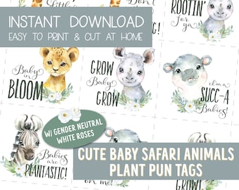 Baby Safari Animals Small Gift Tags, Plant Pun Party Favor Tags, Cute Baby Animals (Digital Download)