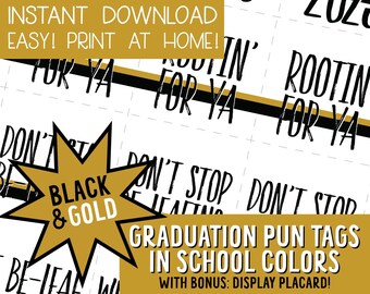 Black & Gold Graduation Tags, Free Bonus, DIY Plant Pun Tags, Grad Tags for Party Favors, Instant Download, Class of 2023, Printable Tags
