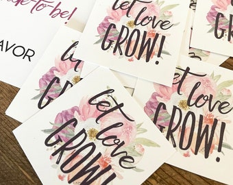 Bridal Shower Tags, Wedding Shower, Bonus 8x10 Placard, Print at Home, Instant Download, Pink Peach Peonies, Let Love Grow, Plant Puns