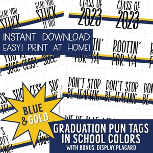 Blue & Gold Graduation Tags, Free Bonus, DIY Plant Pun Tags, Grad Tags for Party Favors, Instant Download, Class of 2023, Printable Tags