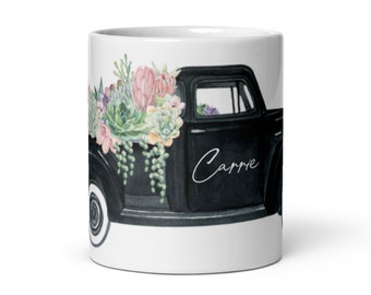 Personalized Black Farm Truck with Succulents Mug, Vintage Farm Truck, Succulent Farm Truck, Personalized Mug, Succulent Pickup Truck