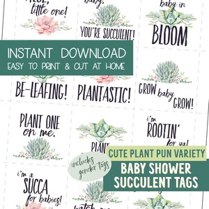 May include: A digital sheet of printable gift tags featuring watercolor succulent illustrations and various plant-themed puns. The text includes phrases like You're Succulent, Baby in Bloom, Be-Leafing, Plantastic, Grow Baby Grow, Plant One on Me, I'm Rootin' for You, and I'm a Succa for Babies.