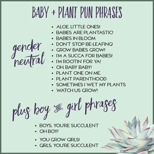 May include: A light green graphic sign featuring dark purple text titled BABY + PLANT PUN PHRASES. It lists gender neutral phrases like ALOE, LITTLE ONES! and BABIES ARE PLANTASTIC!, followed by boy and girl phrases including OH BOY! and YOU GROW GIRLS!.