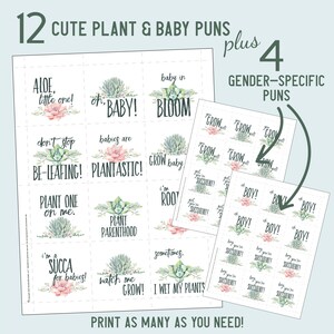 May include: A printable sheet featuring 12 plant and baby puns with watercolor succulent illustrations, plus a secondary sheet with 4 gender-specific puns. Text includes phrases like Aloe, little one!, oh, BABY!, and you grow girl!.