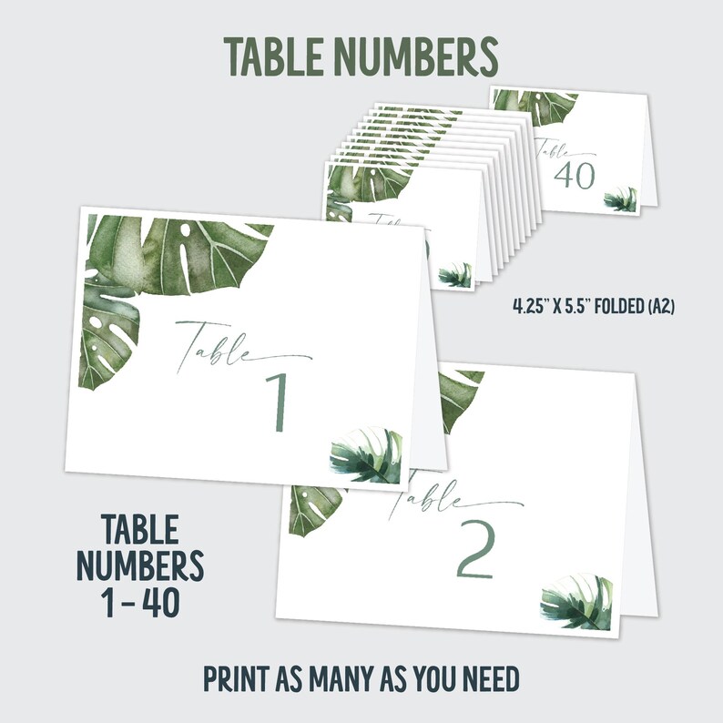 Monstera Table Numbers Matching Set Monstera Party Signs, Tags, Place Cards, Monstera Leaf ...
