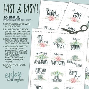 May include: A printable sheet of rectangular gift tags featuring watercolor succulent illustrations and phrases like 'Aloe, little one!', 'oh, BABY!', and 'baby in BLOOM'. The sheet includes instructions for printing and cutting, with a pair of black scissors.