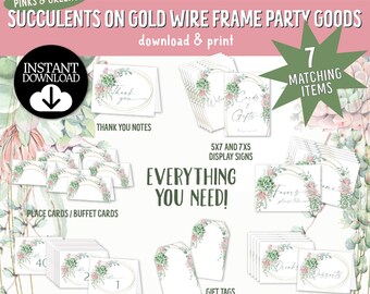 Succulent Party Decoration Set, Pink Green on Gold Frame, Incl. Signs, Place Cards, Table Numbers, Gift Tags, more (Digital Download)